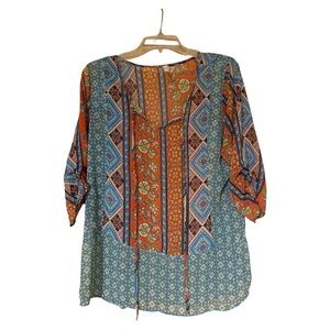 Tua Boho Patchwork Tunic Blouse Multicolor Geometric Floral Print Sheer Large